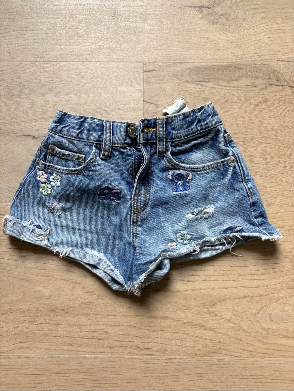 Girls Zara Stitch Embroidered Denim Distressed Shorts Sz 6/7